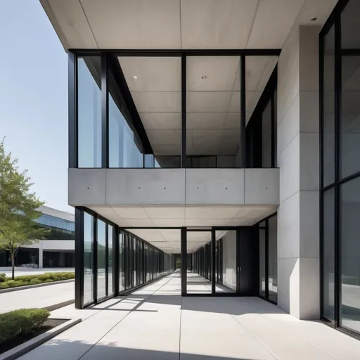 Prompt: "A sleek, modern building with a minimalist design, characterized by clean lines and large glass windows that reflect the surrounding environment. The structure is a blend of concrete, steel, and glass, with a neutral color palette of whites, grays, and blacks. The building features sharp angles and a geometric facade, creating a sense of sophistication and innovation. The entrance is grand, with automated sliding doors, leading into a spacious, well-lit lobby. The overall design exudes a contemporary, urban vibe, with an emphasis on functionality and aesthetic appeal."