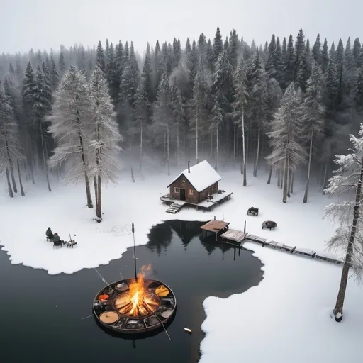 Prompt: 
"A winter island with a fishing hut, fishing grill, bonfire, and a dock without ships, located at the center of a lake. Snow is falling from the sky, with animals, trees covered in snow, and some people and camps on the island. The scene is captured in an ultra-wide drone shot."