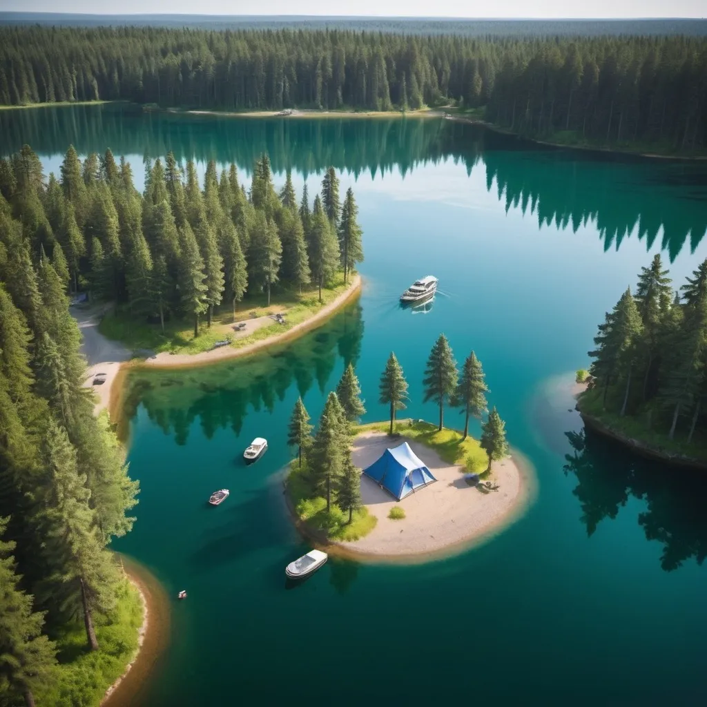 Prompt: 

**Summer:**
"A summer scene with bright sunshine, lush green pine trees, and three campsites on an island surrounded by a sparkling lake. There's a dock on the lake with a ship moored to it, and two to three people on the island. The picture is like an ultra-wide drone shot."

