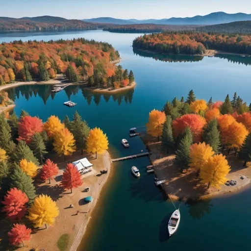 Prompt: 

**Autumn:**
"An autumn scene with colorful foliage, pine trees shedding leaves, and three campsites on an island surrounded by a lake. There's a dock on the lake with a boat moored to it, and two to three people on the island. The picture is like an ultra-wide drone shot."