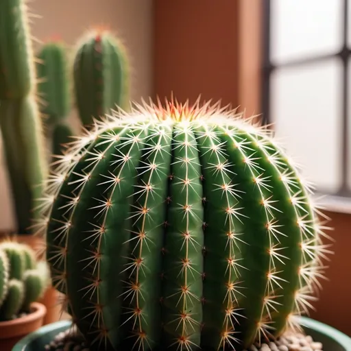 Prompt: A close-up image of a cactus plant with a blurred background. The cactus is placed indoors, showcasing its spiky texture and vibrant green color. The background is softly blurred, drawing attention to the cactus while maintaining a warm, cozy indoor atmosphere. The subtle lighting highlights the details of the cactus, creating a serene and minimalist aesthetic.