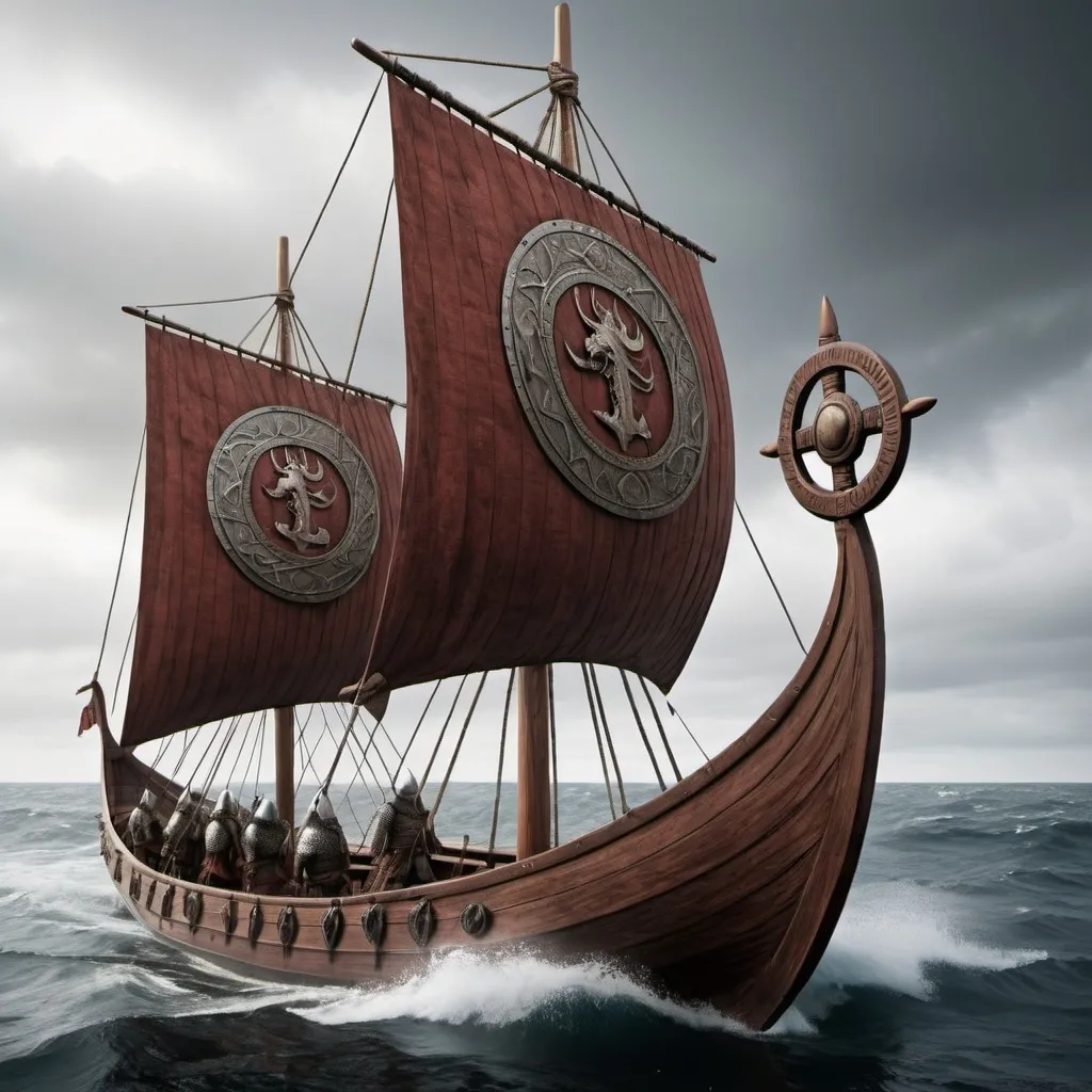 Prompt: 
"The Viking longship, or knarr, is a sleek and powerful vessel designed for speed and maneuverability, crucial for both warfare and exploration. It features a long, narrow hull crafted from overlapping wooden planks, known as clinker-built construction, which gives the ship flexibility and strength to navigate the rough seas of the North Atlantic. The ship's prow is often adorned with a carved dragon or serpent head, serving as a symbol of protection and intimidation.

The deck of the longship is open, with rows of wooden benches for oarsmen on either side. The ship is propelled by both a large square sail, made of wool or linen, and the oars that extend from the sides. When the wind is favorable, the sail billows out, pushing the ship forward at remarkable speeds. The longship is also equipped with a shallow draft, allowing it to navigate both deep ocean waters and shallow rivers, making it versatile for raiding and trading missions.

Onboard, Viking warriors are equipped with round wooden shields, which are often painted with bold, simple designs and are stowed along the sides of the ship when not in use. The ship's stern is flat, and the rudder is controlled by a large steering oar attached to the right side, or starboard.

The overall aesthetic of the Viking longship is both functional and imposing, embodying the fearsome reputation of the Norse seafarers who used it to explore, trade, and conquer vast territories across Europe and beyond."