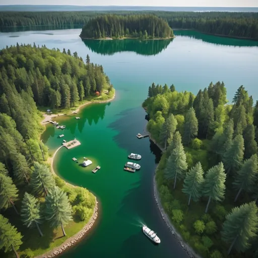 Prompt: "A summer scene with green fall, pine trees covered in green, and three campsites on an island surrounded by a lake. There's a dock on the lake with a ship moored to it, and three to two people on the island. The picture is like an ultra-wide drone shot."