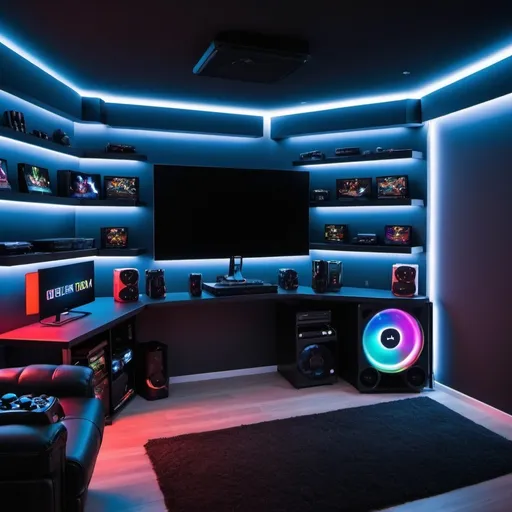 Prompt: 
Gaming Dream Room Description:**

- **Layout and Lighting:**
  - A spacious room with dark walls that give off a sleek, modern vibe. The walls are lit up with customizable RGB lighting, allowing the room to glow in any color of your choice.
  
- **Gaming Setup:**
  - **RGB Gaming PC:** The centerpiece of the room is a high-end RGB gaming PC, housed in a transparent case with all components glowing in vibrant colors. It sits on a sleek, L-shaped desk, which is accompanied by dual curved monitors to provide an immersive gaming experience.
  - **Console Area:** Beside the PC setup, there is a dedicated console area featuring the latest PlayStation and Xbox consoles. Above the console setup, a large 4K OLED TV is mounted on the wall, perfect for enjoying games in ultra-high definition. Below the TV, shelves neatly organize game discs and controllers, with wireless charging docks for convenience.
  
- **Seating and Comfort:**
  - A comfortable, ergonomic gaming chair, fully adjustable, covered in breathable material, sits at the desk. Behind the chair, a gaming-themed wall mural adds a personal touch, perhaps depicting favorite game characters or iconic gaming scenes.

- **Collectibles and Memorabilia:**
  - Shelves around the room display various collectibles, action figures, and limited-edition memorabilia. These items add character and make the room feel like a true gaming sanctuary.

- **Additional Features:**
  - A mini-fridge stocked with snacks and energy drinks is placed in the corner, ensuring that refreshments are always within arm’s reach. The floor is covered with a plush dark carpet that reduces noise and adds to the cozy atmosphere.
  - To complete the setup, the room has ambient ceiling lighting, soundproofing panels on the walls for better acoustics, and a high-quality surround sound system that makes every sound in the game feel real.