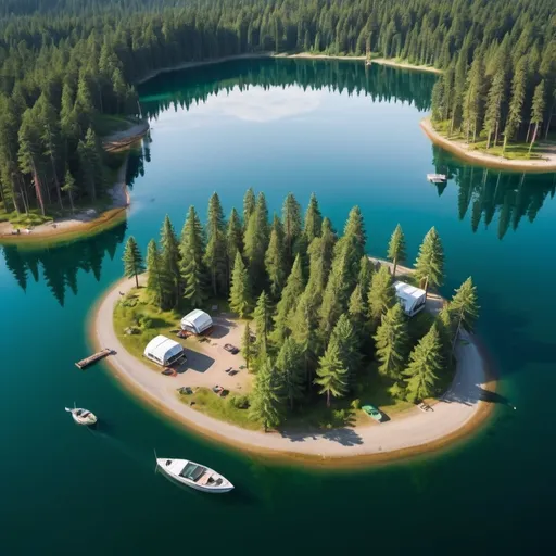 Prompt: 

**Summer:**
"A summer scene with bright sunshine, lush green pine trees, and three campsites on an island surrounded by a sparkling lake. There's a dock on the lake with a ship moored to it, and two to three people on the island. The picture is like an ultra-wide drone shot."

