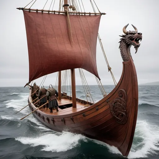 Prompt: 
"The Viking longship, or knarr, is a sleek and powerful vessel designed for speed and maneuverability, crucial for both warfare and exploration. It features a long, narrow hull crafted from overlapping wooden planks, known as clinker-built construction, which gives the ship flexibility and strength to navigate the rough seas of the North Atlantic. The ship's prow is often adorned with a carved dragon or serpent head, serving as a symbol of protection and intimidation.

The deck of the longship is open, with rows of wooden benches for oarsmen on either side. The ship is propelled by both a large square sail, made of wool or linen, and the oars that extend from the sides. When the wind is favorable, the sail billows out, pushing the ship forward at remarkable speeds. The longship is also equipped with a shallow draft, allowing it to navigate both deep ocean waters and shallow rivers, making it versatile for raiding and trading missions.

Onboard, Viking warriors are equipped with round wooden shields, which are often painted with bold, simple designs and are stowed along the sides of the ship when not in use. The ship's stern is flat, and the rudder is controlled by a large steering oar attached to the right side, or starboard.

The overall aesthetic of the Viking longship is both functional and imposing, embodying the fearsome reputation of the Norse seafarers who used it to explore, trade, and conquer vast territories across Europe and beyond."