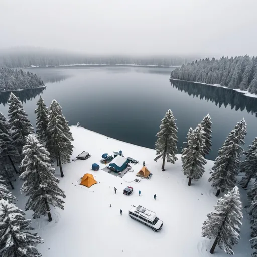 Prompt: "A winter scene with snowfall, pine trees covered in snow, and three campsites on an island surrounded by a lake. There's a dock on the lake with a ship moored to it, and three to two people on the island. The picture is like an ultra-wide drone shot."