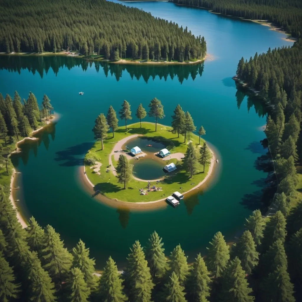 Prompt: 

**Spring:**
"A spring scene with blooming flowers, green pine trees, and three campsites on an island surrounded by a lake. There's a dock on the lake with a boat moored to it, and two to three people on the island. The picture is like an ultra-wide drone shot."

