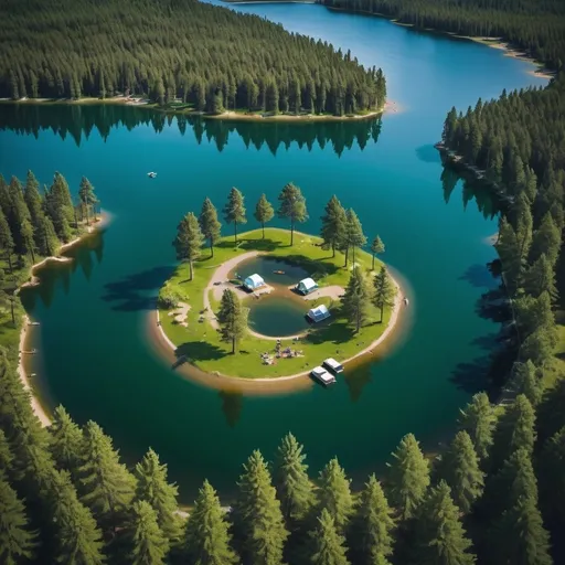 Prompt: 

**Spring:**
"A spring scene with blooming flowers, green pine trees, and three campsites on an island surrounded by a lake. There's a dock on the lake with a boat moored to it, and two to three people on the island. The picture is like an ultra-wide drone shot."

