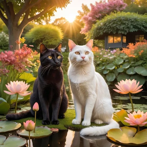 Prompt: 
A beautiful scene in a lush, green garden during the golden hour of sunset. The garden is filled with colorful flowers, and the sky is painted with warm hues of orange and pink. In the center of the scene, a sleek male cat with smooth black fur walks confidently beside a delicate female cat with elegant white fur. Their tails are slightly entwined, and the female cat looks up at the male cat with affection. Their fur glistens in the warm sunlight, and their eyes reflect the soft, golden light. The background includes tall trees with leaves gently rustling in the breeze, and a small pond with water lilies, creating a serene and romantic atmosphere.