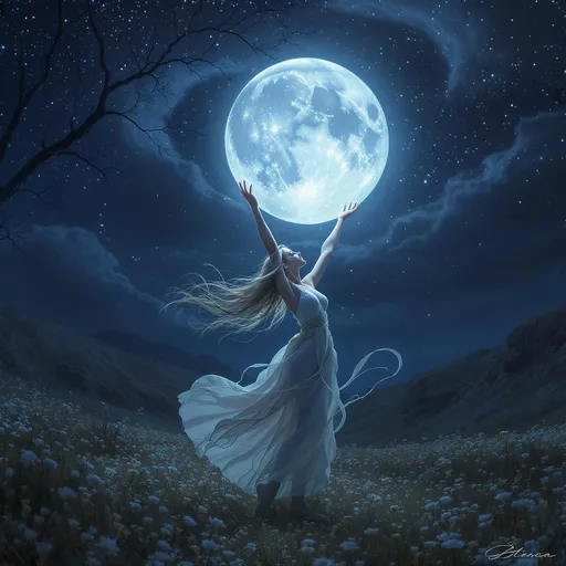 Prompt: Beautiful elf dancer in moonlit meadow holding up the moon