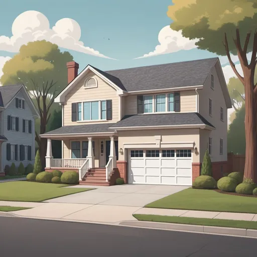 Prompt: Create a cartoon image in the style of Toonly as follows:
view from outside of a typical American middle class suburban house, showing two story dwelling and driveway.