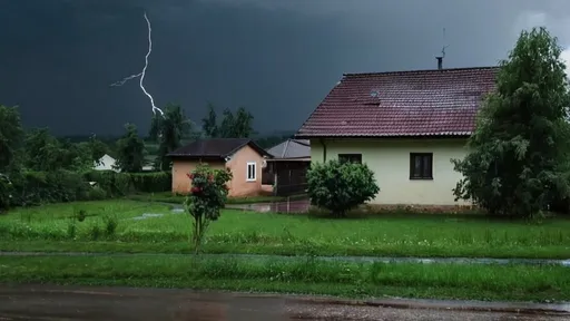 Prompt: view 
home 
in the village
lightning
gloomy weather
rain