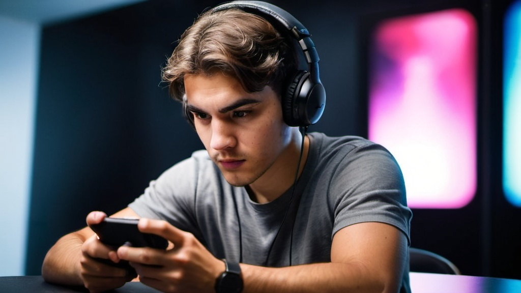 Prompt: Focused gamer playing a mobile game 