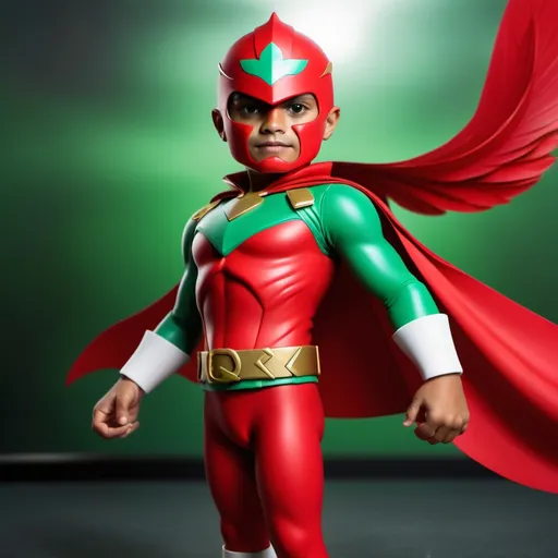 Prompt: Create a super heroe named captain quetzal. Make him Green and Red and give him a cape. 