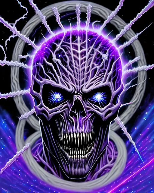 Prompt: A cover for a death metal album titled volatile existence by the band rip you a new one. It depicts an intergalactic demigod who is made of light. his face is skeletal but also shows muscle fibres. This creature is somewhere in space disintegrating into a vortex. His skin is translucent purple and blue. His eyes are shooting beams of light. He is made of both flesh and metal