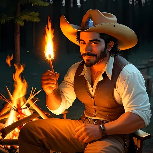 Prompt: happy latino cowboy sitting by a campfire at night with a stick of dynamite in his hand