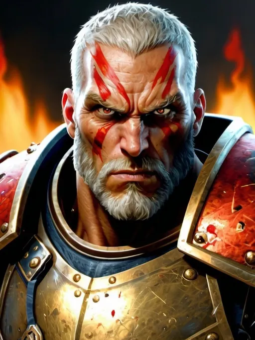 Prompt: Photorealistic, Male, red flaming eyes, golden short hair, golden short beard, stern, stoic, short hair, Realistic, high quality, red knight, crusader, serious look, Warhammer, ultra detailed armor, big muscles, full heavy armor plate, portrait, dark fantasy, bloody, Dreadnought , big guy, gold and red plate armor