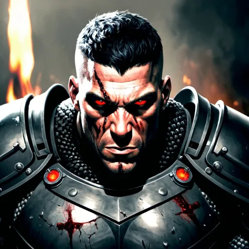 Prompt: Male, high quality, lot of details, red flaming eyes, short black hair, short hair, dark knight, Realistic, dark fantasy, steel plate armour, dark crusader, intense look, stern, big muscles, full heavy armour plate, detailed armour, portrait, bloody , big guy, fearsome, terrifying