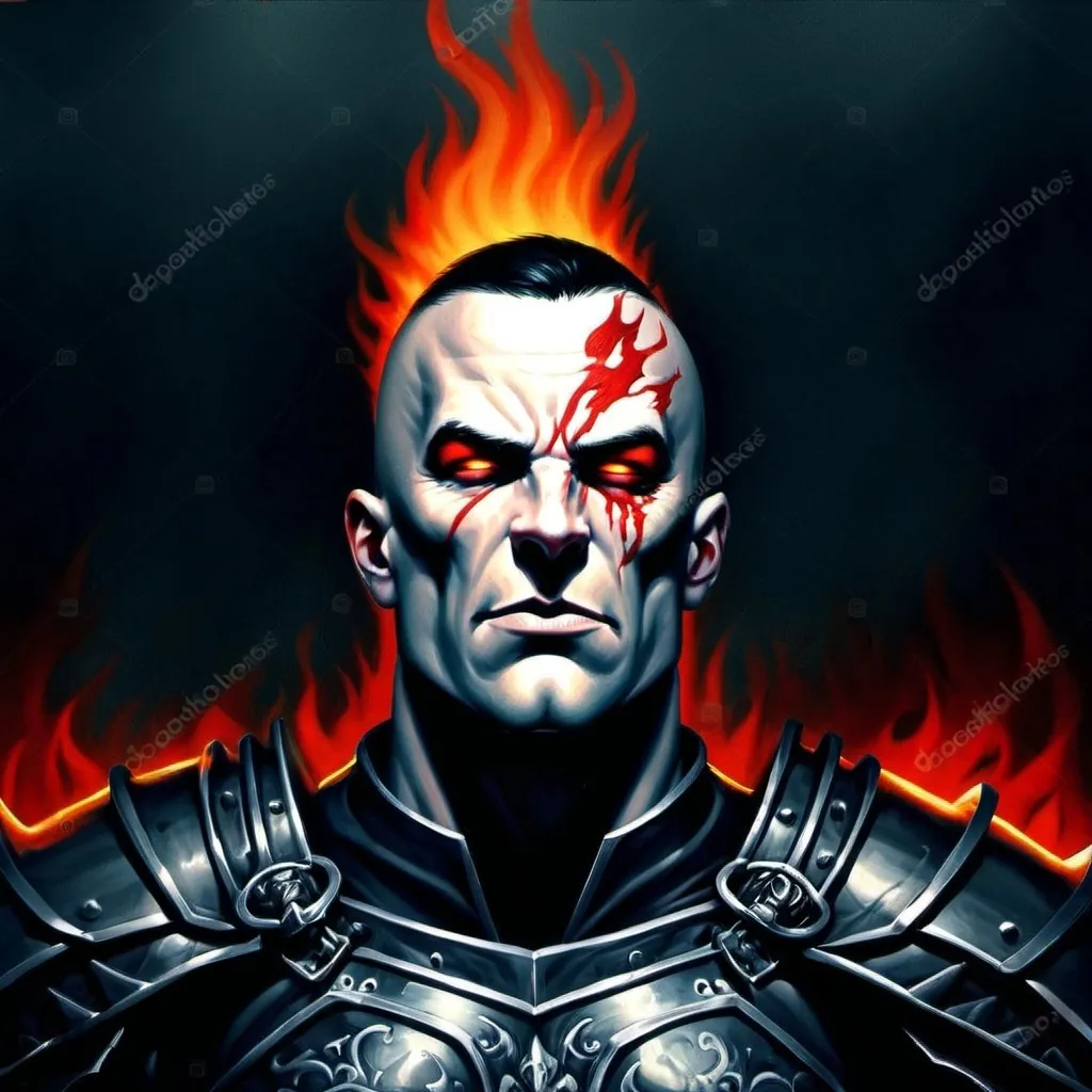 Prompt: (Realistic portrait of a dark lord), male figure, (intense look), (red flaming eyes), (detailed dark plate armor), full heavy armor plate, big muscles, fearsome and terrifying expression, dramatic lighting enhances the dark fantasy feel, intricate bloody details on armor, high quality, ultra-detailed, gothic atmosphere, evokes dread and authority, cinematic backdrop with shadowy textures, exceptional craftsmanship.