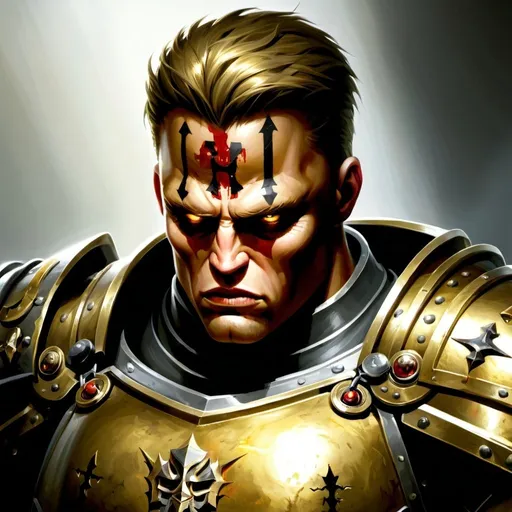 Prompt: Male, golden glowing eyes, gold hair, short hair, holy aura, holy might, Realistic, high quality, knight, crusader, serious look, Warhammer, ultra detailed armor, big muscles, full heavy armor plate, portrait, dark fantasy, bloody, Dreadnought , big guy, gold plate armour