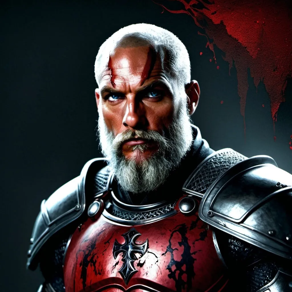 Prompt: Photorealistic, (portrait) of a male figure with (long platinum beard), (red glowing eyes), wearing (full heavy red armor), embodying a (red knight) or (crusader) aesthetic. Depict a (stoic, serious expression) with (big muscles) and an (intimidating presence). He stands against a (dark fantasy) backdrop, filled with (bloody details) and a haunting atmosphere. (Ultra-detailed armor), capturing the (grim and fearsome) essence of the character, ensuring high quality and dramatic detail.