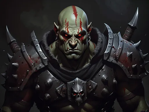 Prompt:  dark fantasy, male half orc, young, bald head, battle hardened, full of scars, bloody, big man , steel heavy red and black armor, imposing figure, stern expression, intimidating, glowing red eyes