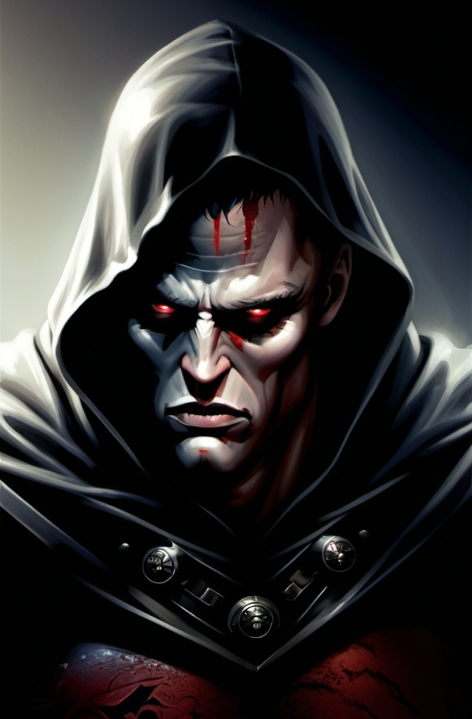 Prompt: Photorealistic, Male, red eyes, stern, stoic, hooded, black hood, black cape, Realistic, high quality, serious look, Warhammer, ultra detailed armor, big muscles, dark fantasy, bloody, Dreadnought , big guy, dark steel plate armor, fearsome, terrifying