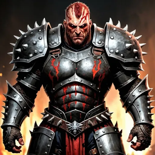 Prompt: Male, red flaming eyes, Realistic, dark fantasy, dark plate armour, spiked armour, high quality, fearsome, intense look, stern, big muscles, full heavy armour plate, portrait, bloody, Dreadnought , big guy, full plate