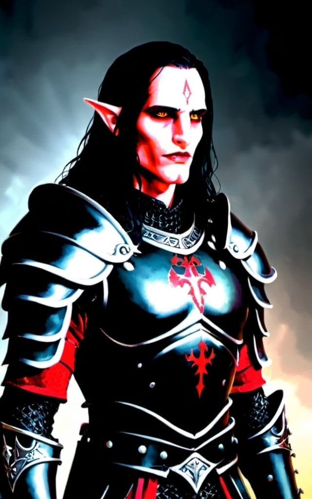 Prompt: Ultra realistic, 4k, Elf, male, grimdark fantasy, black knight, black armour, serious look, dramatic, solemn, black hair, white pale skin, red glowing eyes, ultra detailed armour, bloody