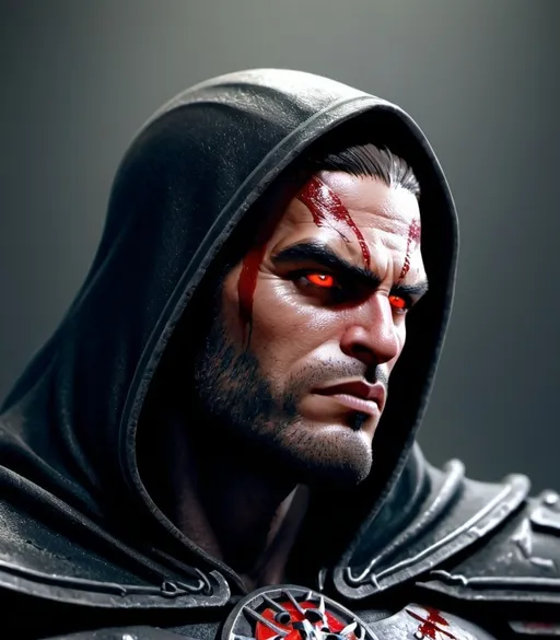 Prompt: Photorealistic, Male, red eyes, stern, stoic, hooded, black hood, black cape, Realistic, high quality, serious look, Warhammer, ultra detailed armor, big muscles, dark fantasy, bloody, Dreadnought , big guy, dark steel plate armor, fearsome, terrifying