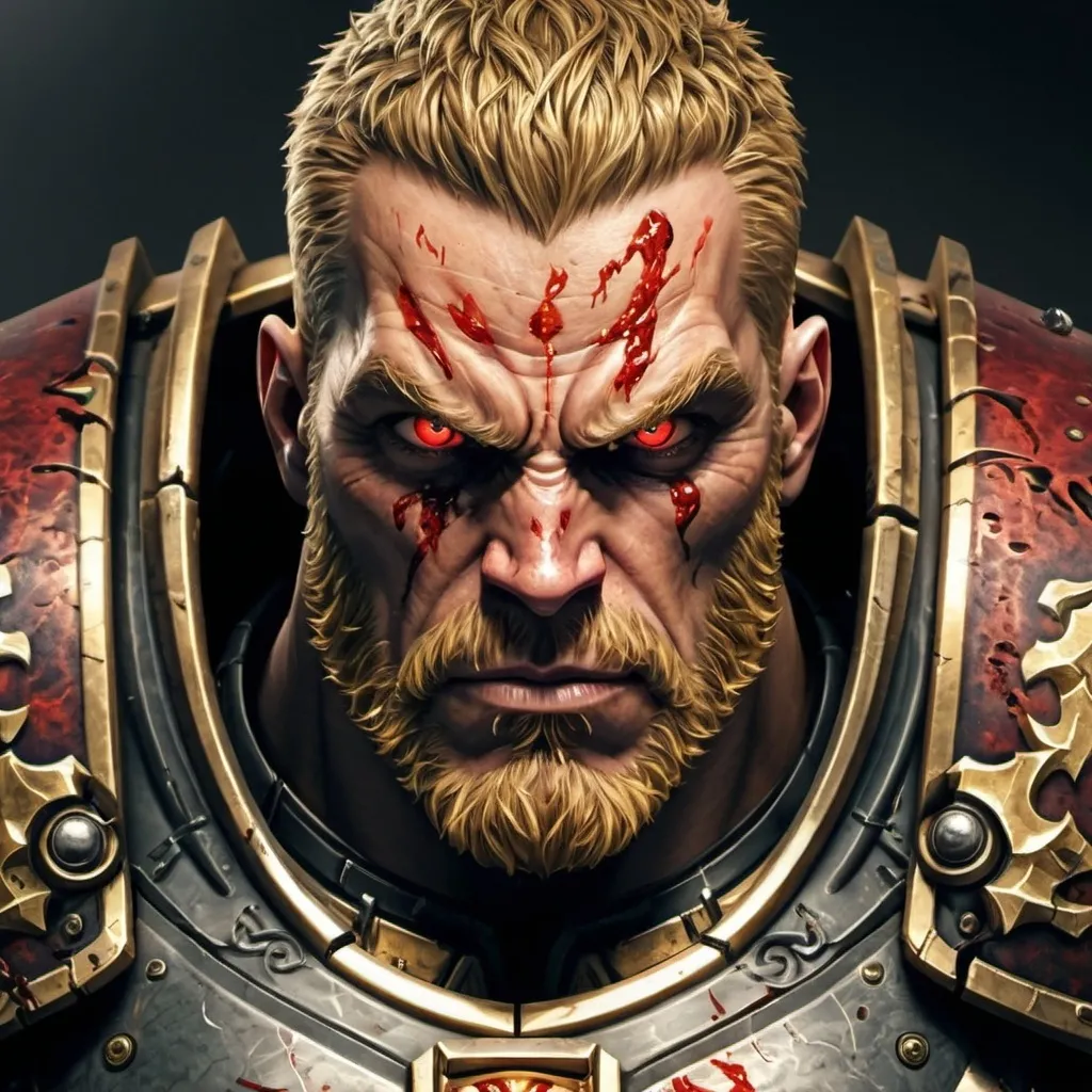 Prompt: Photorealistic, Male, red flaming eyes, golden short hair, golden short beard, stern, stoic, short hair, Realistic, high quality, serious look, Warhammer, ultra detailed armor, big muscles, full heavy armor plate, portrait, dark fantasy, bloody, Dreadnought , big guy, gold and red plate armor, fearsome, terrifying 