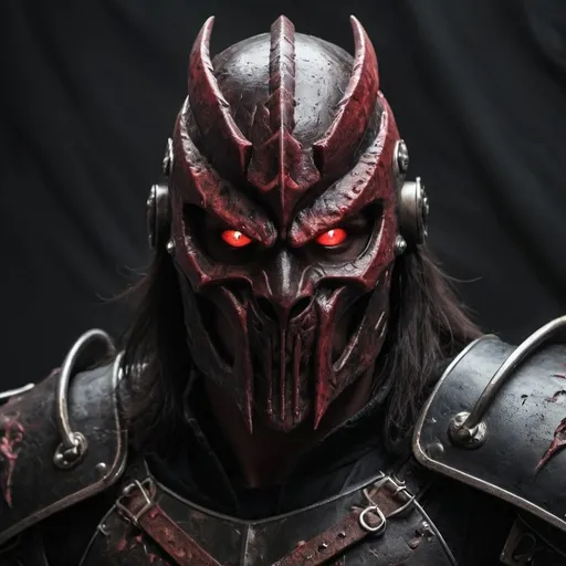 Prompt: Male, realistic, Realistic, red eyes, dark fantasy, dark leather armour, high quality, intense look, stern, big muscles, portrait, bloody, Assassin, predator mask, full bone mask, terrifying, dark hunter 