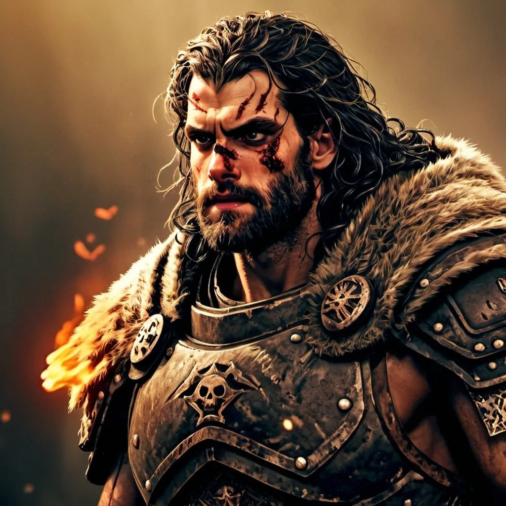 Prompt: Photorealistic, Male, red flaming eyes,  berserker, fearsome, terrifying, black hair, black beard, stern, stoic, Realistic, high quality, serious look, Warhammer, ultra detailed armor, big muscles, full heavy armor plate, portrait, dark fantasy, bloody, Dreadnought , big guy, bear hide cloak