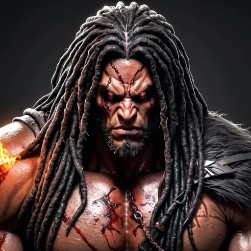 Prompt: Male, realistic, scars, full of scars, highly detailed, red eyes, flaming eyes, long black dreadlocks, Realistic, dark fantasy, leather armor, bear hide cloak, detailed armor, high quality, intense look, stern, big muscles, barbaric, bloody, big guy, fearsome, terrifying, barbaric