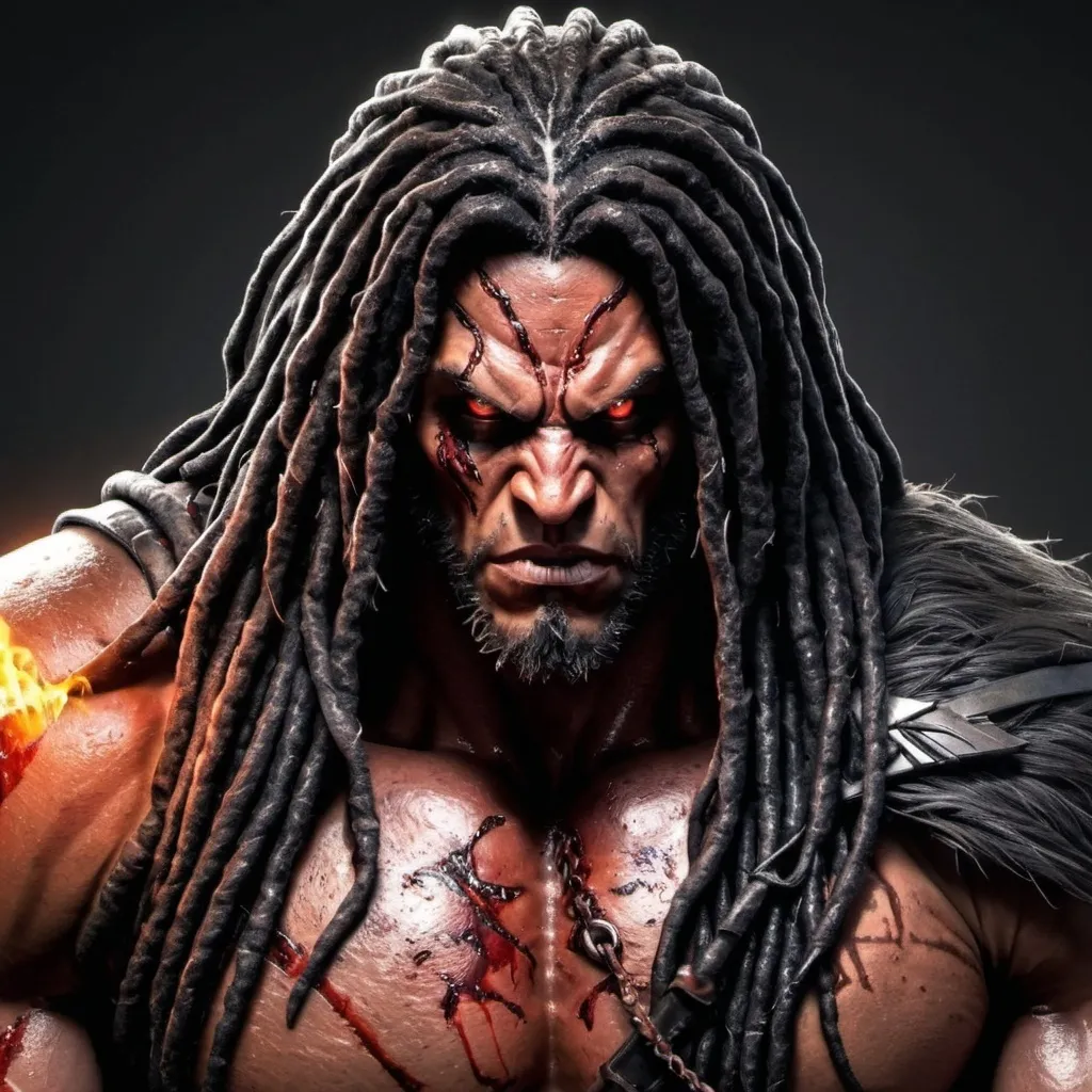 Prompt: Male, realistic, scars, full of scars, highly detailed, red eyes, flaming eyes, long black dreadlocks, Realistic, dark fantasy, leather armor, bear hide cloak, detailed armor, high quality, intense look, stern, big muscles, barbaric, bloody, big guy, fearsome, terrifying, barbaric