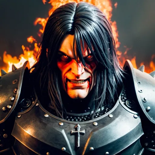 Prompt: Male, realistic, red flaming eyes, Realistic, dark fantasy, dark plate armour, spiked armour, high quality, intense look, stern, big muscles, full heavy armour plate, portrait, bloody, Dreadnought , big guy, full plate