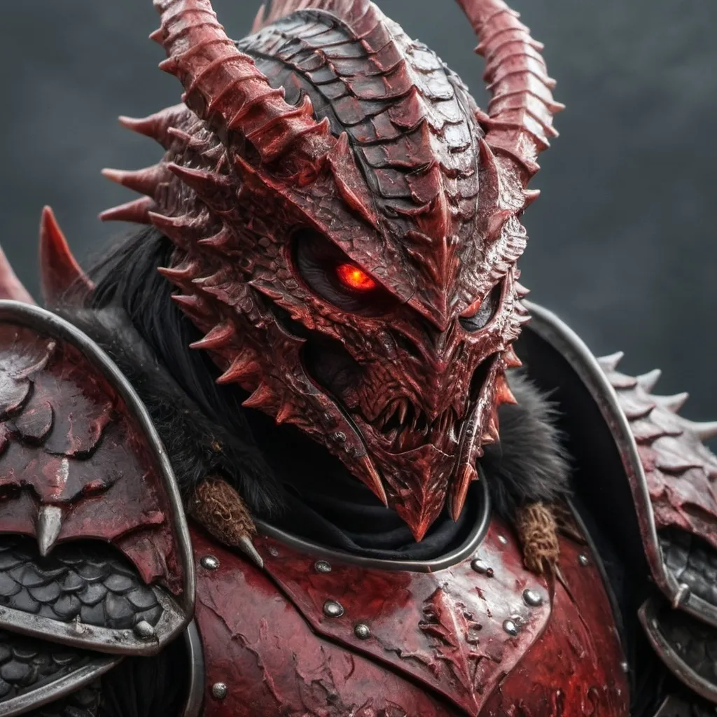 Prompt: Kurgan like, Male, red flaming eyes, Realistic, dark fantasy, red dragon scale plate armour, red dragon helmet, fur cloack, high quality, intense look, stern, big muscles, full heavy red armour plate, portrait, bloody, Dreadnought , big guy