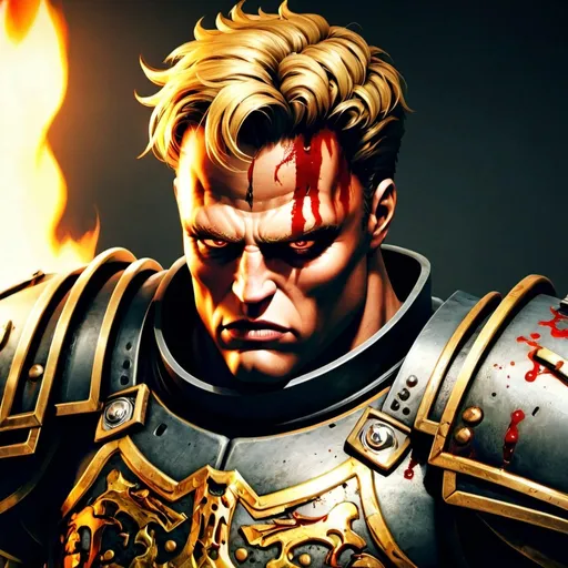 Prompt: Photorealistic, Male, red flaming eyes, golden hair, stern, stoic, short hair, Realistic, high quality, golden knight, crusader, serious look, Warhammer, ultra detailed armor, big muscles, full heavy armor plate, portrait, dark fantasy, bloody, Dreadnought , big guy, golden plate armor