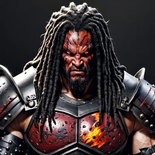 Prompt: Male, realistic, scars, full of scars, highly detailed, red eyes, flaming eyes, long black dreadlocks, Realistic, dark fantasy, red studded leather armour, detailed armour, spiked armour, high quality, intense look, stern, big muscles, barbaric, bloody, big guy, fearsome, terrifying 