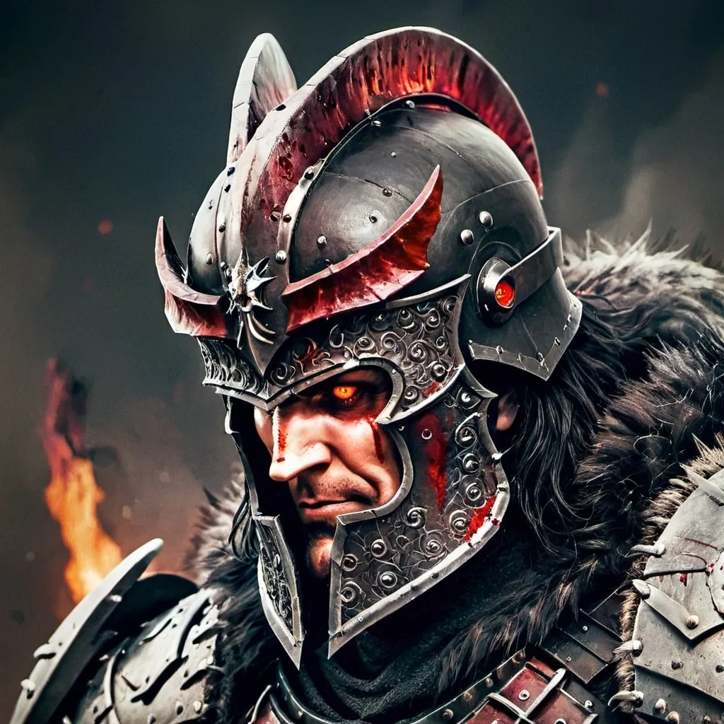 Prompt: Kurgan like, Male, red flaming eyes, Realistic, dark fantasy, dark plate armour, Kurgan helmet, fur cloack, high quality, intense look, stern, big muscles, full heavy armour plate, portrait, bloody, Dreadnought , big guy, full plate