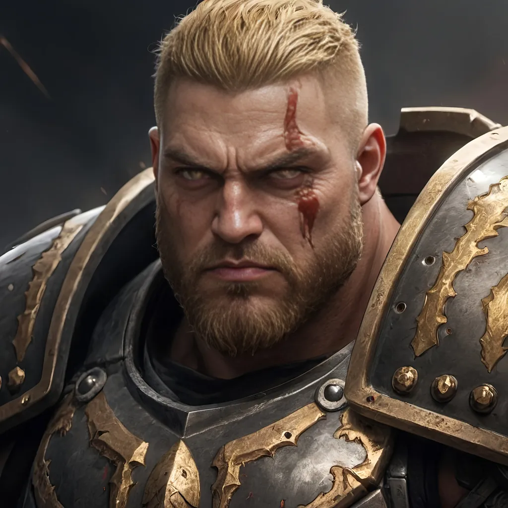 Prompt: Male, Gold hair, crop hair, crop beard, Realistic, high quality, intense look, serious look, big muscles, full heavy armour plate, portrait, dark fantasy, glowing eyes, bloody, Dreadnought , big guy, full plate, god-like 