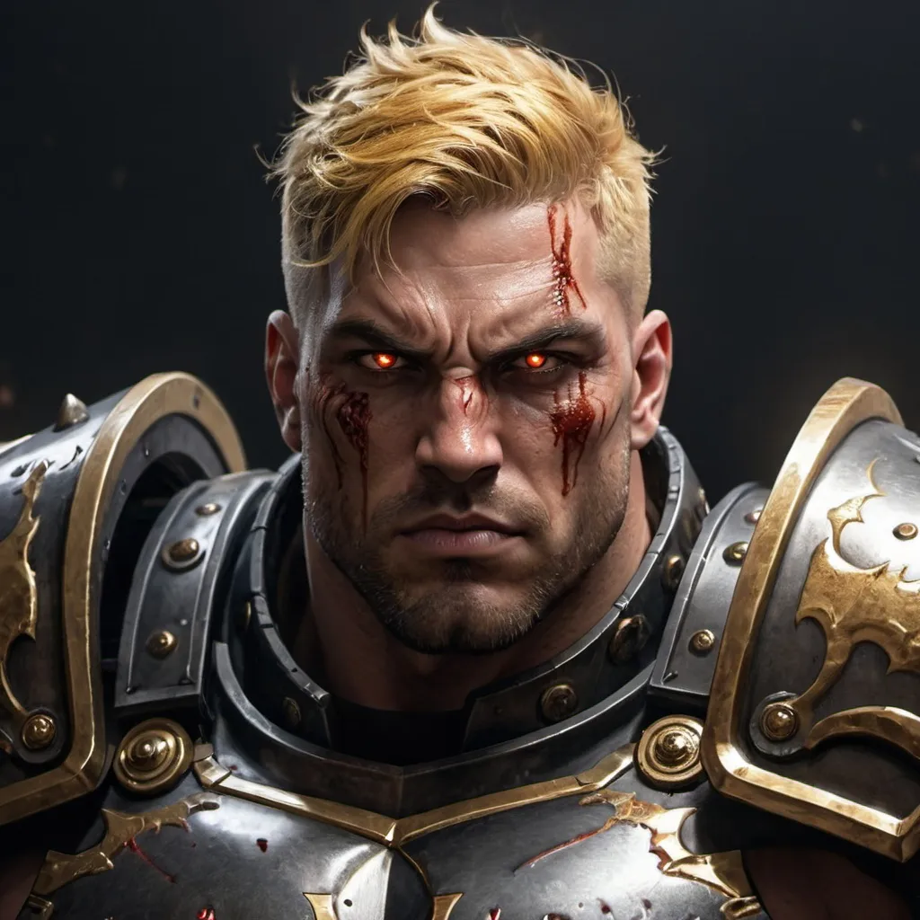 Prompt: Male, Gold hair, crop hair, Realistic, high quality, intense look, serious look, big muscles, full heavy armour plate, portrait, dark fantasy, glowing eyes, bloody, Dreadnought , big guy, full plate, god-like 