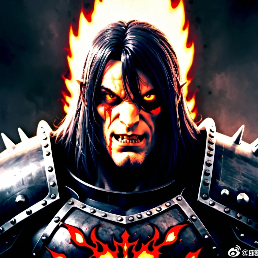 Prompt: Male, realistic, red flaming eyes, Realistic, dark fantasy, dark plate armour, spiked armour, high quality, intense look, stern, big muscles, full heavy armour plate, portrait, bloody, Dreadnought , big guy, full plate