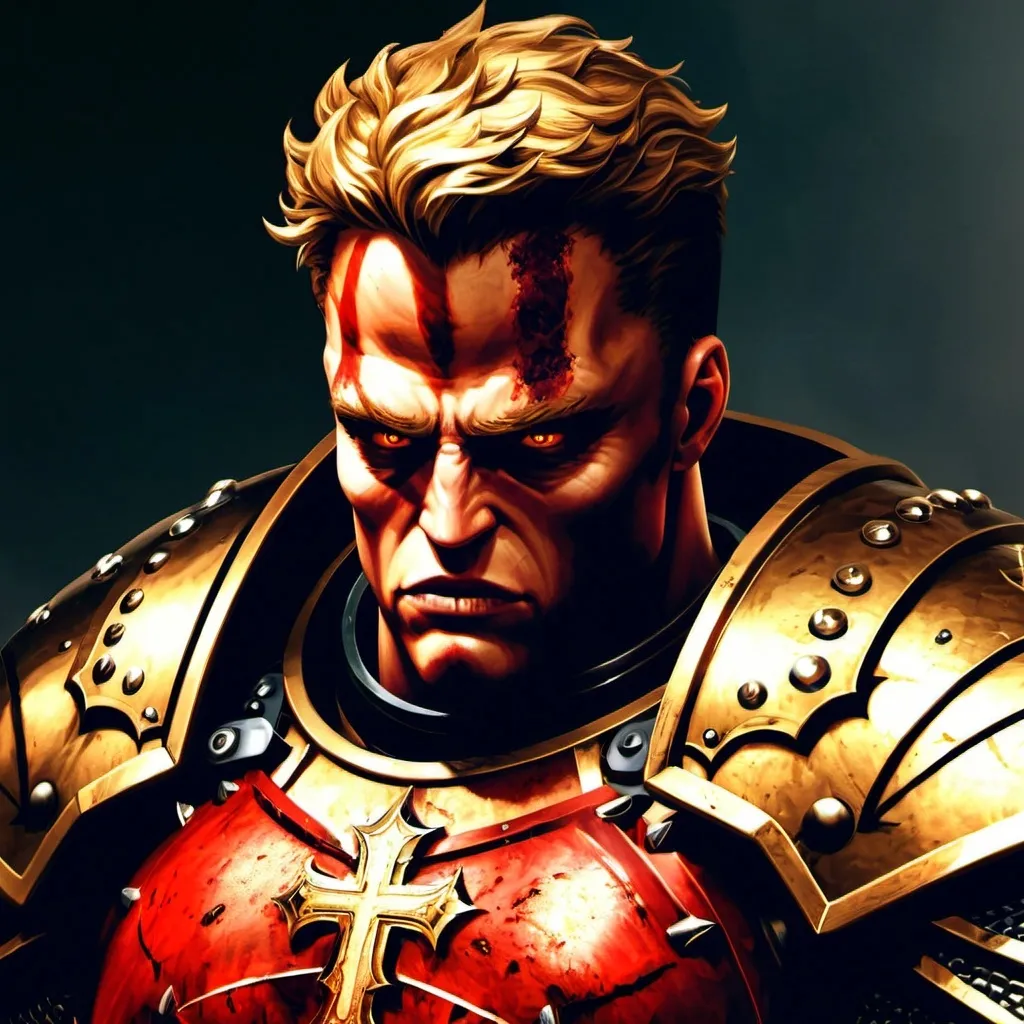 Prompt: Male, golden glowing eyes, gold hair, short hair, holy aura, holy might, Realistic, high quality, red knight, crusader, serious look, Warhammer, ultra detailed armor, big muscles, full heavy red armor plate, portrait, dark fantasy, bloody, Dreadnought , big guy, red plate armour