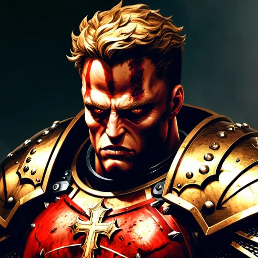 Prompt: Male, golden glowing eyes, gold hair, short hair, holy aura, holy might, Realistic, high quality, red knight, crusader, serious look, Warhammer, ultra detailed armor, big muscles, full heavy red armor plate, portrait, dark fantasy, bloody, Dreadnought , big guy, red plate armour