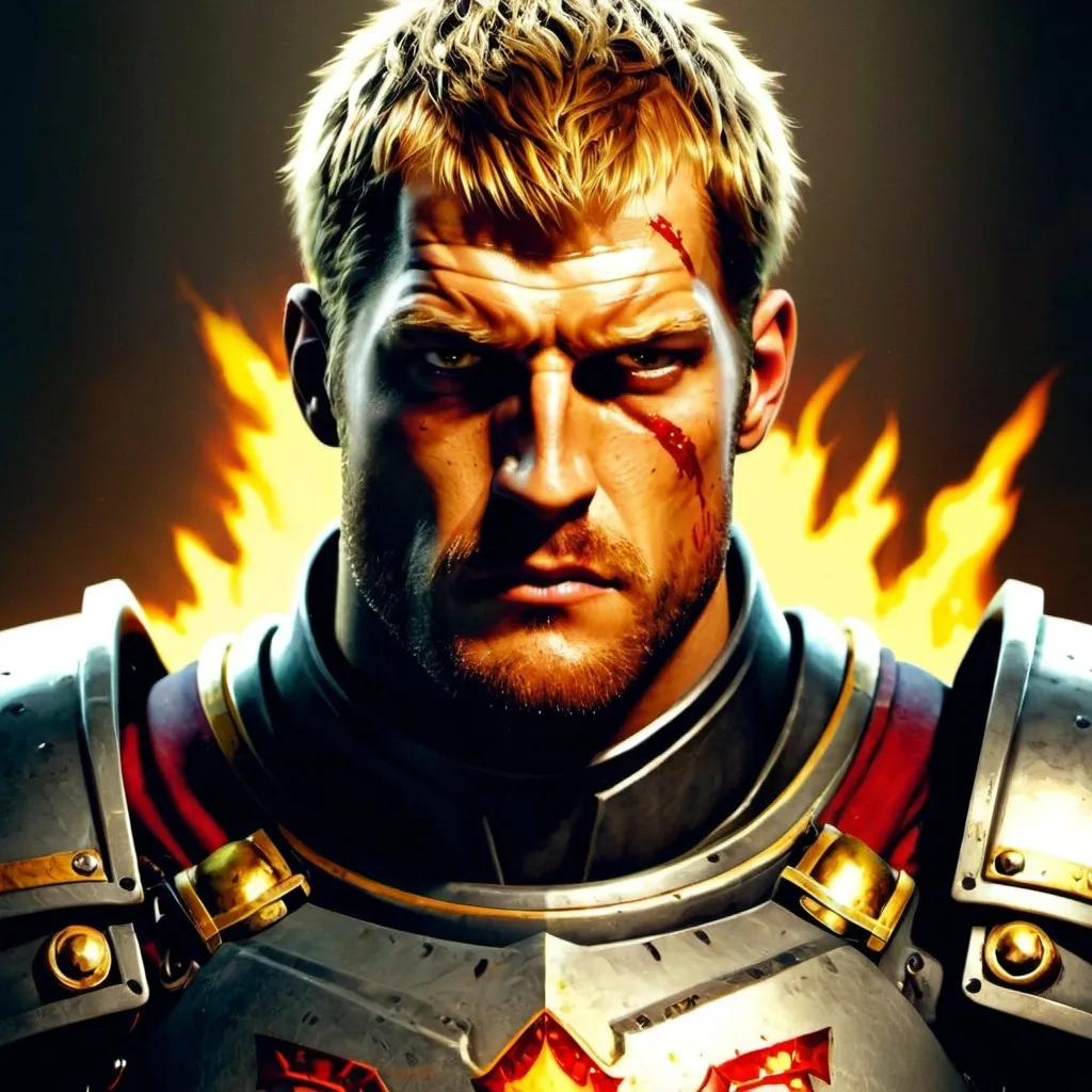 Prompt: Photorealistic, Male, red flaming eyes, golden hair, stern, stoic, short hair, Realistic, high quality, golden knight, crusader, serious look, Warhammer, ultra detailed armor, big muscles, full heavy armor plate, portrait, dark fantasy, bloody, Dreadnought , big guy, golden plate armor, terrifying, fearsome