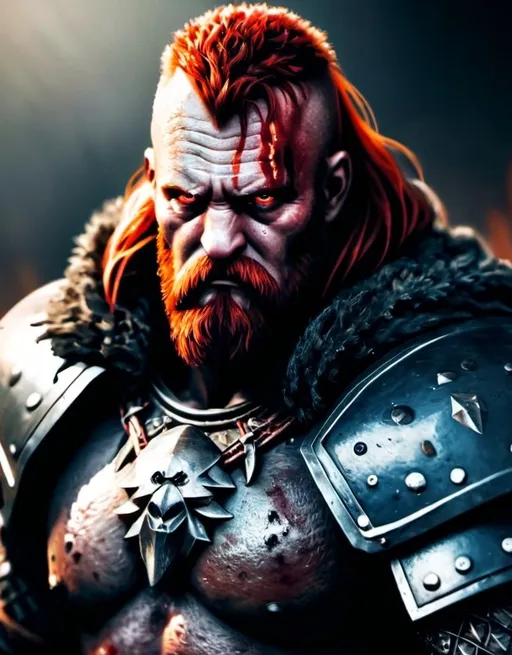 Prompt: Photorealistic, Male, red flaming eyes,  berserker, fearsome, terrifying, red hair, shaved beard, stern, stoic, Realistic, high quality, serious look, Warhammer, ultra detailed armor, big muscles, full heavy armor plate, portrait, dark fantasy, bloody, Dreadnought , big guy, bear hide cloak