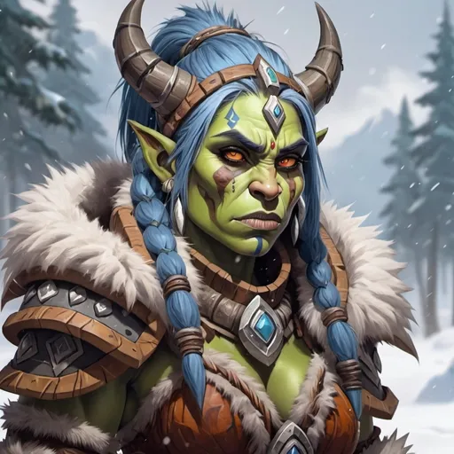 Prompt: Female orc shaman from world of warcraft with fur armor on a winter day in an anime style