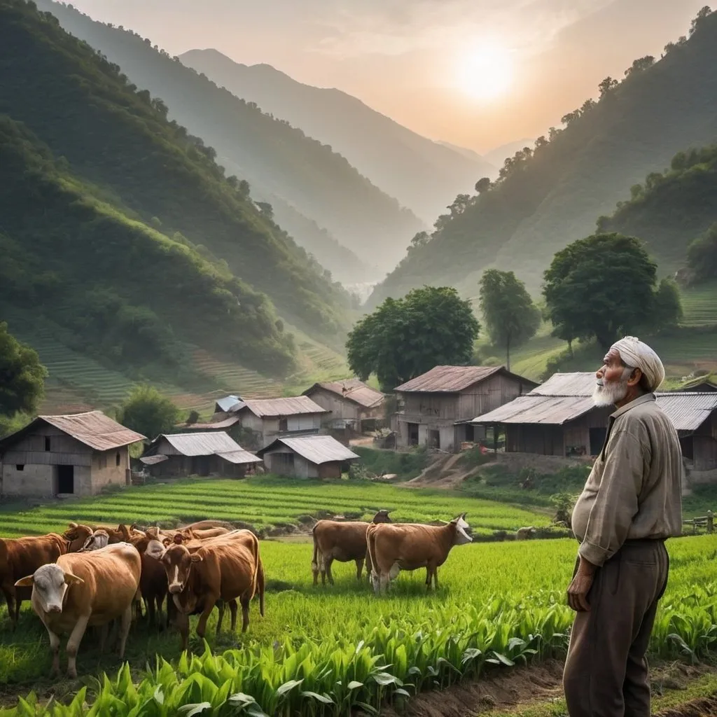 Prompt: There was a man living in a small village located in a beautiful valley surrounded by green mountains. The man was known in his village for his generosity and kindness, and he worked as a farmer. Every morning, he would wake up at sunrise to tend to his crops and care for the animals on his farm.
